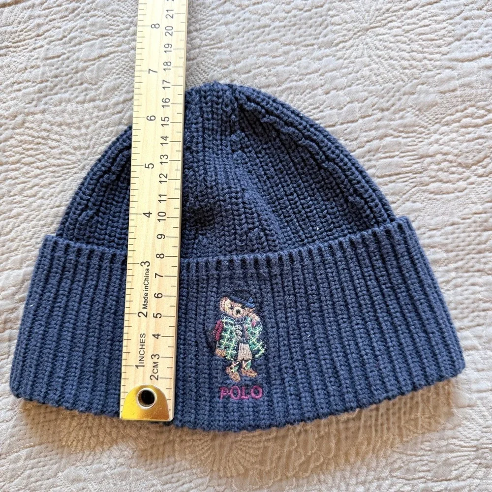 Polo Ralph Lauren Bear Navy Blue Ribbed Knit Toddler Beanie Hat One Size Cotton